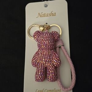 New Natasha Couture Sparkling Pink Bear Bag Charm /Keychain with Cream Strap